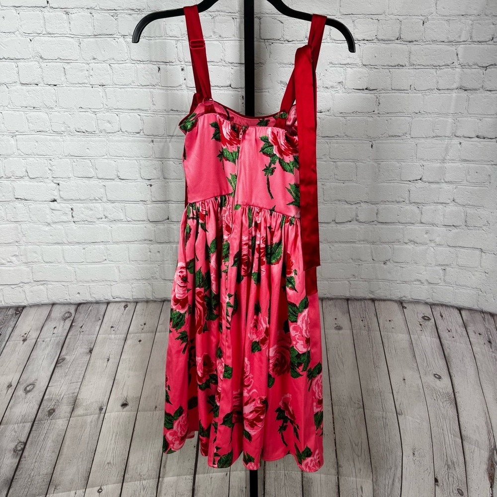 Vixen by Micheline Pitt Pink Floral Fit-and-Flare Dress with Red Straps - Picture 6 of 10